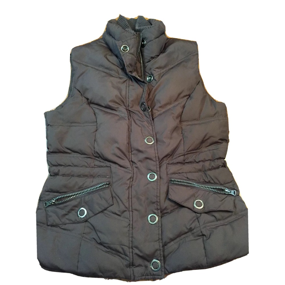 New York Classics Down Puffer Vest Women S Brown Zip Snap Pockets Outdoor Grunge